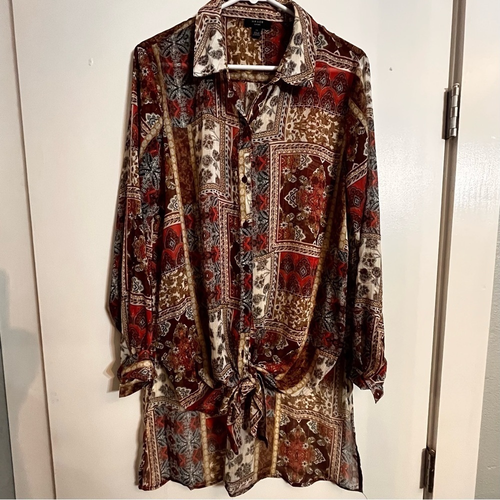 Haver London Sheer Tiered Women’s Blouse   size oversized large Front Tie
